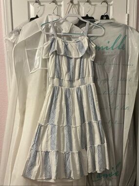 Justice White and Light Blue Striped Tiered Summer Dress